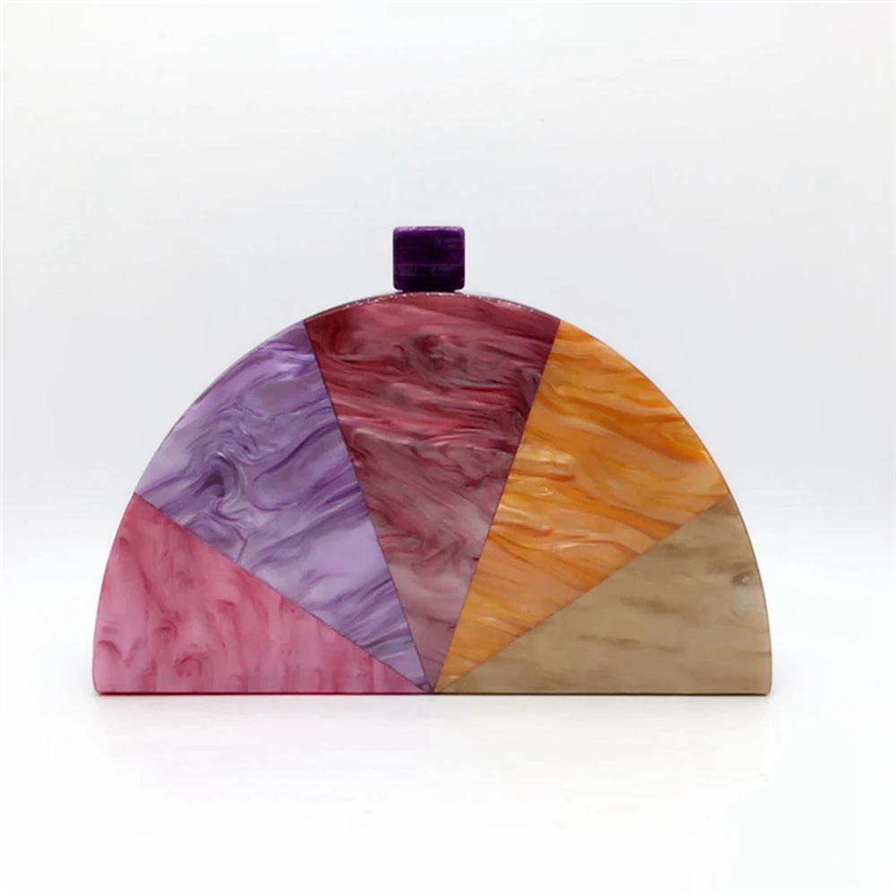

European and American style stitching semicircular acrylic dinner bag contrast stitching dress hard box clutch handbag