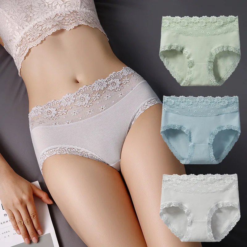 

Sexy Lace Underpants Solid Cotton Briefs Mid Waist Panties Breathable Underwear Women's Antibacterial Lingerie Female Intimates