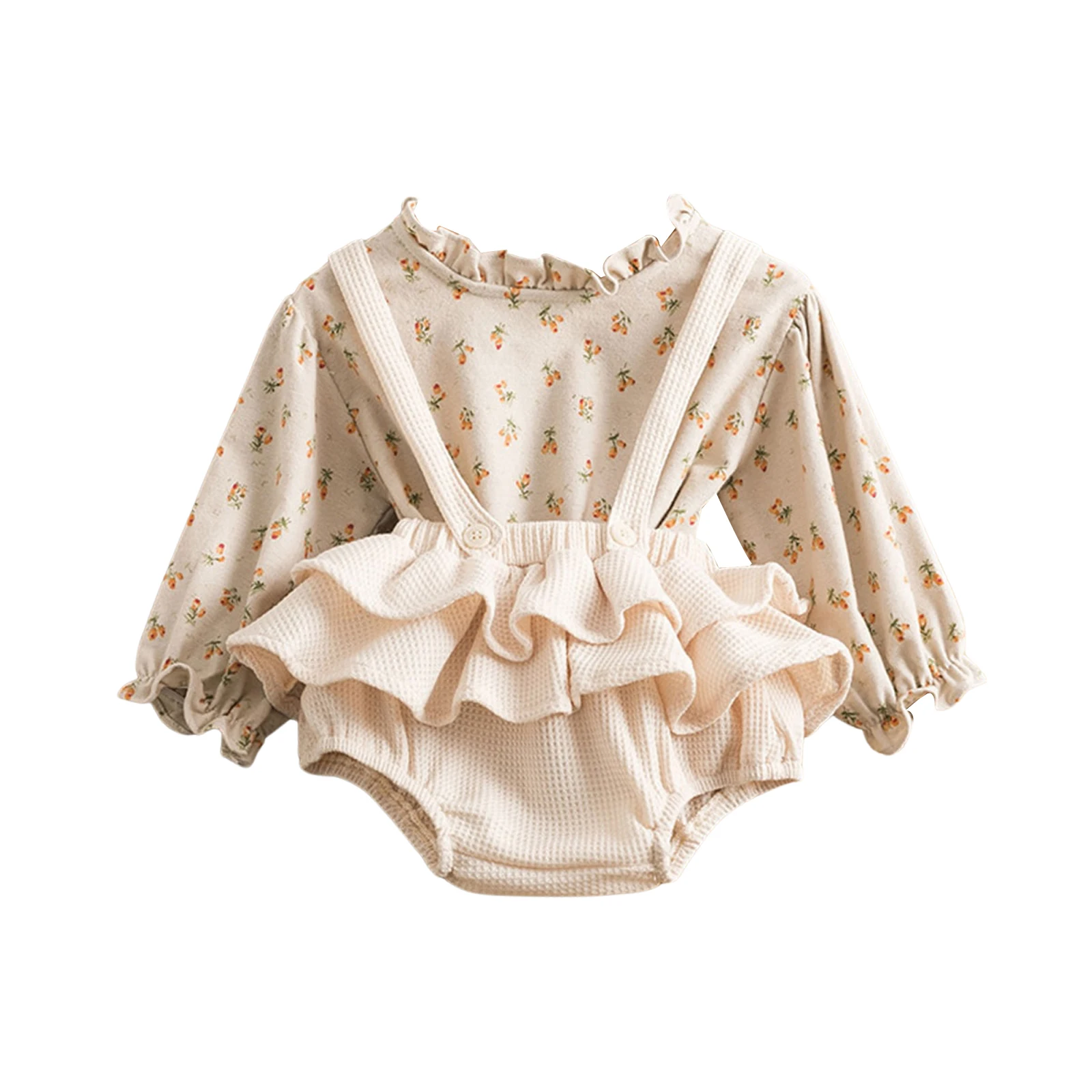 

Baby Girls 2Pcs Fall Outfits Long Sleeve Floral Print Tops Suspender Shorts Set