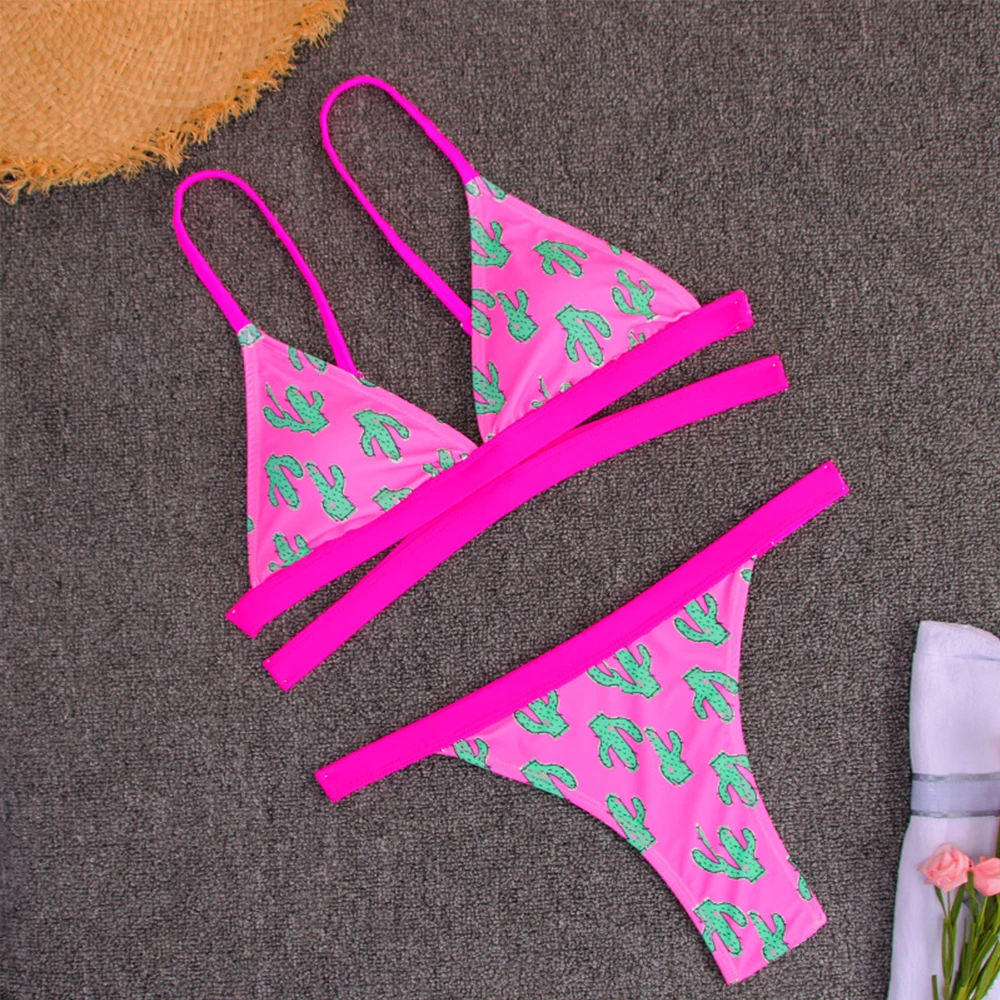 

Neon Pink Cactus Thong Bikini Women Sexy Push Up Underwear Set Liner 2020 Lingerie Set Women'S Sling Print Split Lingerie Mujer