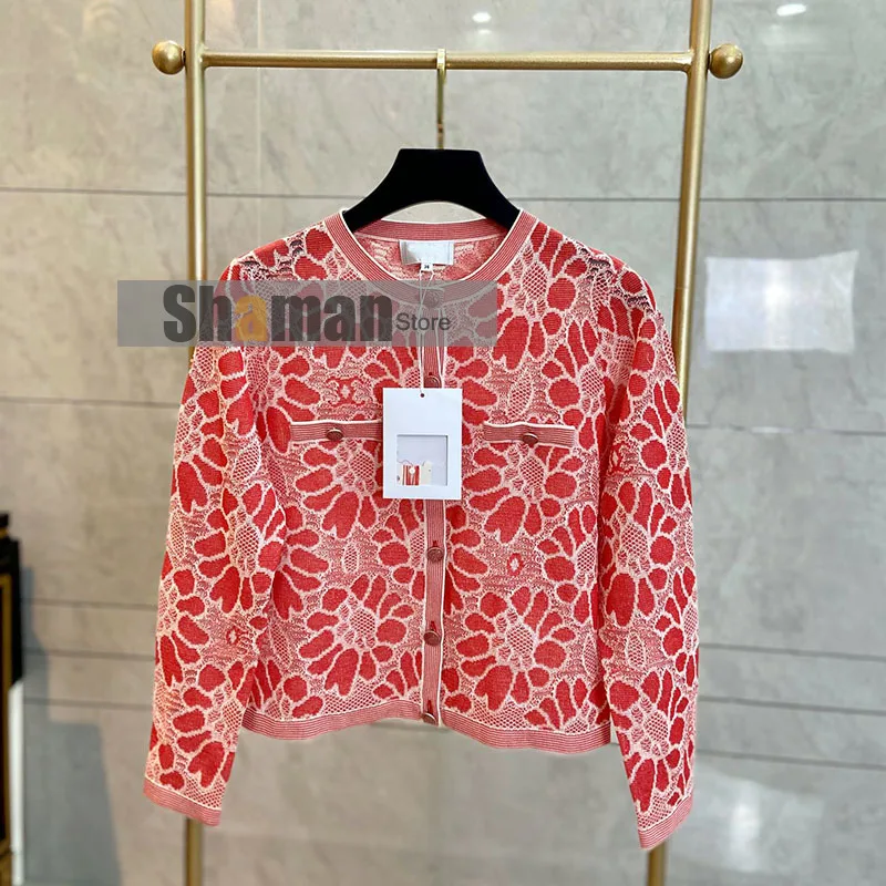 

Luxury Designer High End 1:1 Branded Bauhinia Series Hollowout knitted Cardigan crop top logoed buttons woman sweaters cardigans