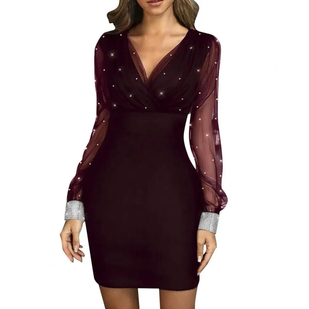 

Pretty Spring Dress Bright Beads Sexy Lady Dress Pure Color Lady Mesh Dress