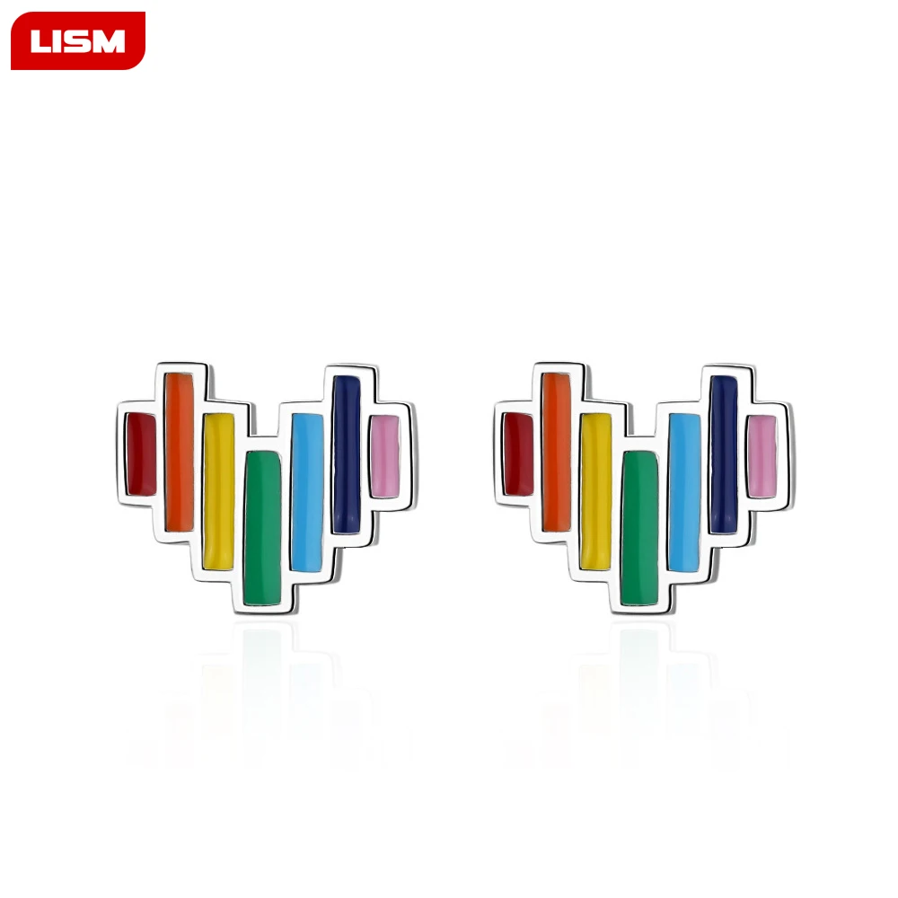 

2019 New S925 Silver Korean Cute Love Stud Earrings For Women Girls Sweet Rainbow Color Heart Shape Ear Earring Jewelry Gifts