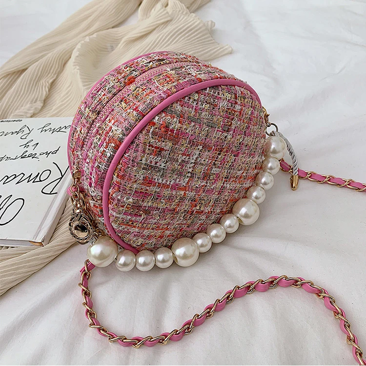 bolsos модные женские сумки-почтальон, круглая сумка на плечо, дизайнерская сумка через плечо, твидовые сумки для женщин, жемчужное колье, сумка