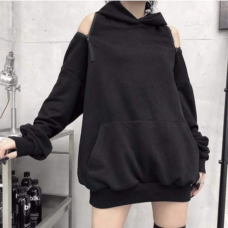 

QWEEK 2022 Fahsion Black Off-shoulder Hoodies Women Korean Style Streetwear Hooded Sweatshirt Gothic Mall Goth Tops Clothes Fall