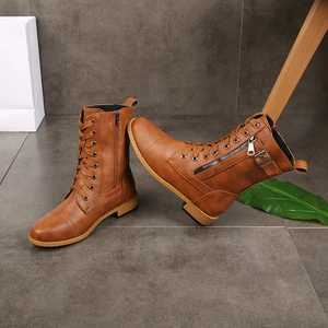 2021 New Retro Women Western Boots Punk Lace Up Buckle Motorcycle Boots Zipper Mid Calf Boots Ladies Short Botas Plus Size 35-43