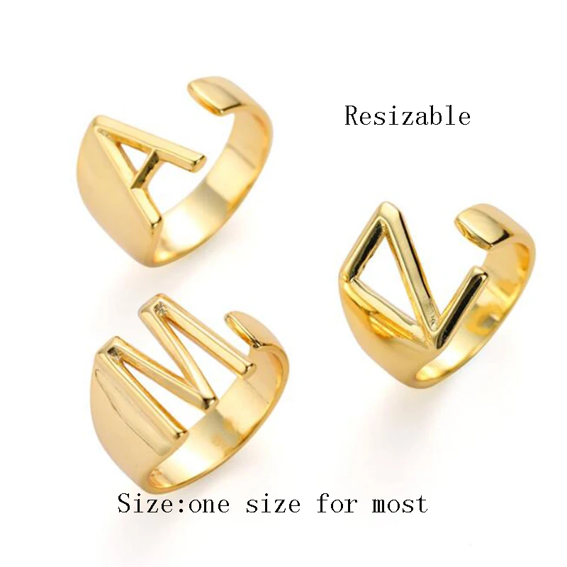 

Chunky Wide Hollow A-Z Letter Gold Colors Metal Adjustable Opening Ring Initials Name Alphabet Female Party Fashion Jewelry Gift