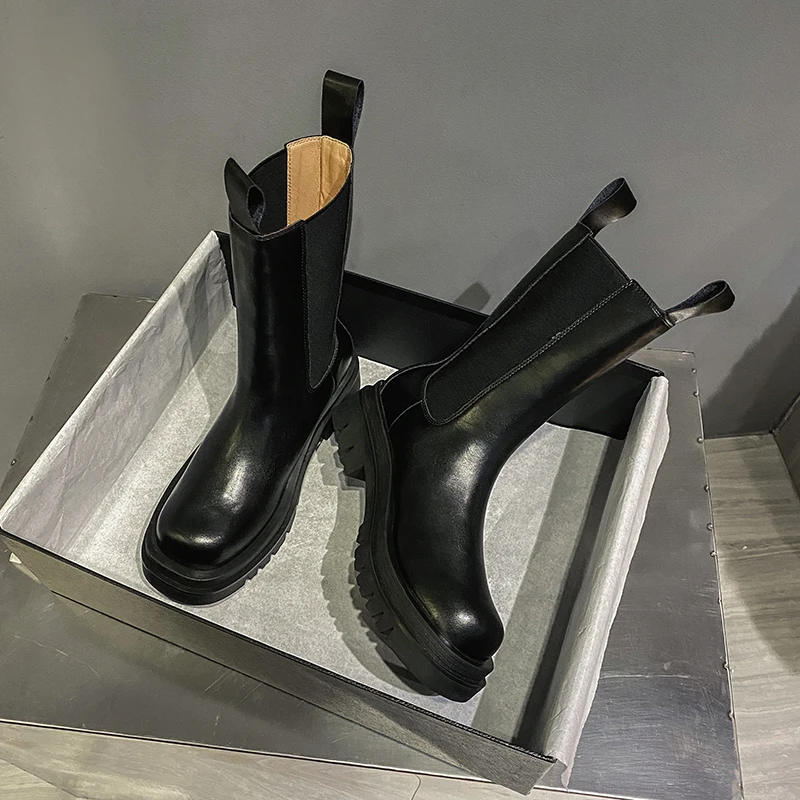 Color Matching Women's Boots 2021 New Spring/Summer Thin Platform Chelsea Boots Flat Mid-Calf Smoke Pipe Boots for Women