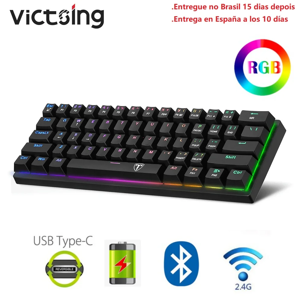 

VicTsing Беспроводная Механическая игровая клавиатура с двумя Bluetooth/2,4 ГГц 60% RGB, три режима Подключаемая клавиатура с синим переключателем