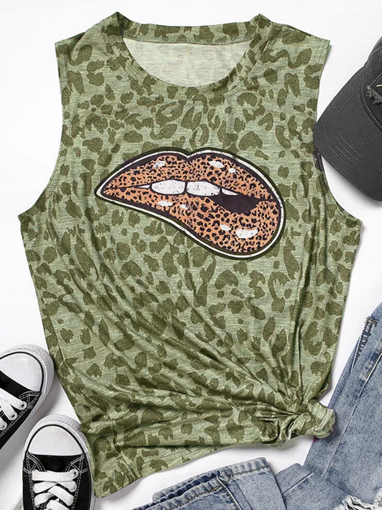 

Leopard Lips Print Women Panther Tank Tops O-neck Sleeveless Oversized Tank Tshirt Ladies Summer Harajuku Fashion Clothes