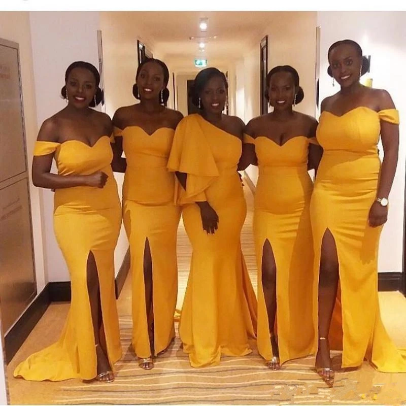 

Желтые африканские платья подружки невесты с юбкой-годе, 2020, с разрезом сбоку, со шлейфом, садовое, загородное, Пляжное, для гостей свадьбы, п...