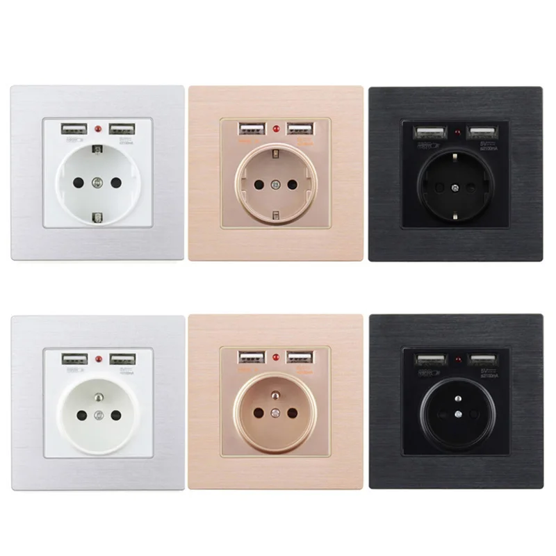 

Avoir Brushed Wall Power Socket Grounded 16A EU Standard Electrical Outlet With 2100mA Dual USB Charger Port for Mobile