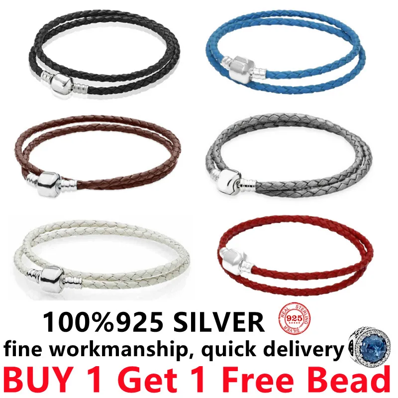 

925 Sterling Silver Pando White pink green blue brown gray Double Black Moments Red Woven Leather Bracelet Suitable for charms