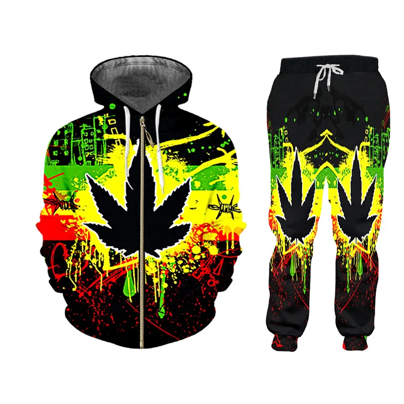 

CJLM Brand leaf tracksuit winter male Personalized 3D full-body print Two-piece ZIP hoodie pants Men's jacket sweater Customized