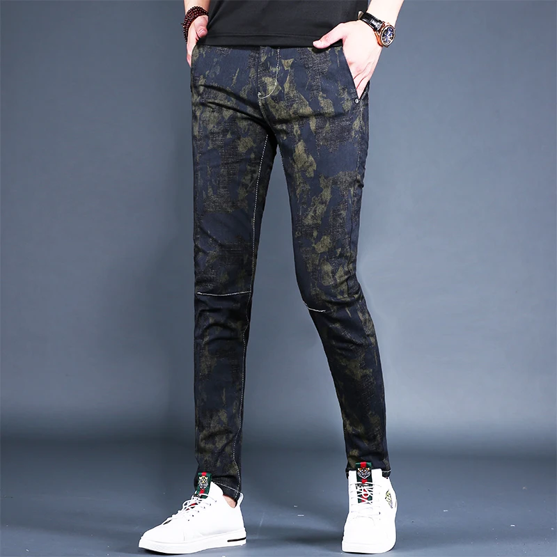

Korean Style Men Stretch Camouflage Jeans 2021 Summer Drawstring Jean Fashion Slim Fit Pencil Pants Streetwear Denim Trousers