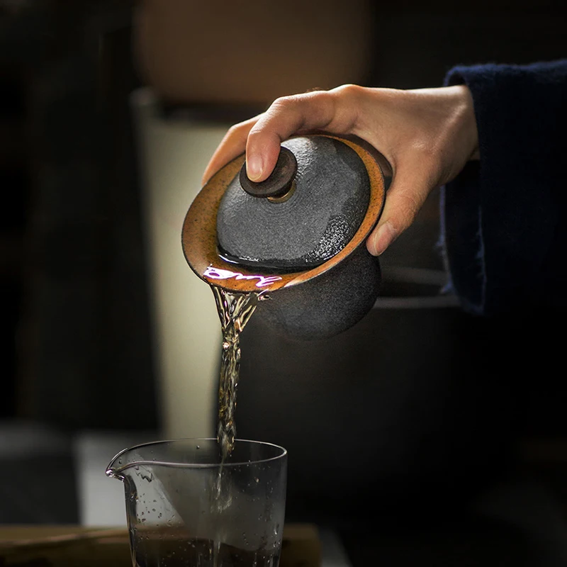 Винтажная керамическая керамика Gaiwan чайная чашка с деревянной крышкой и