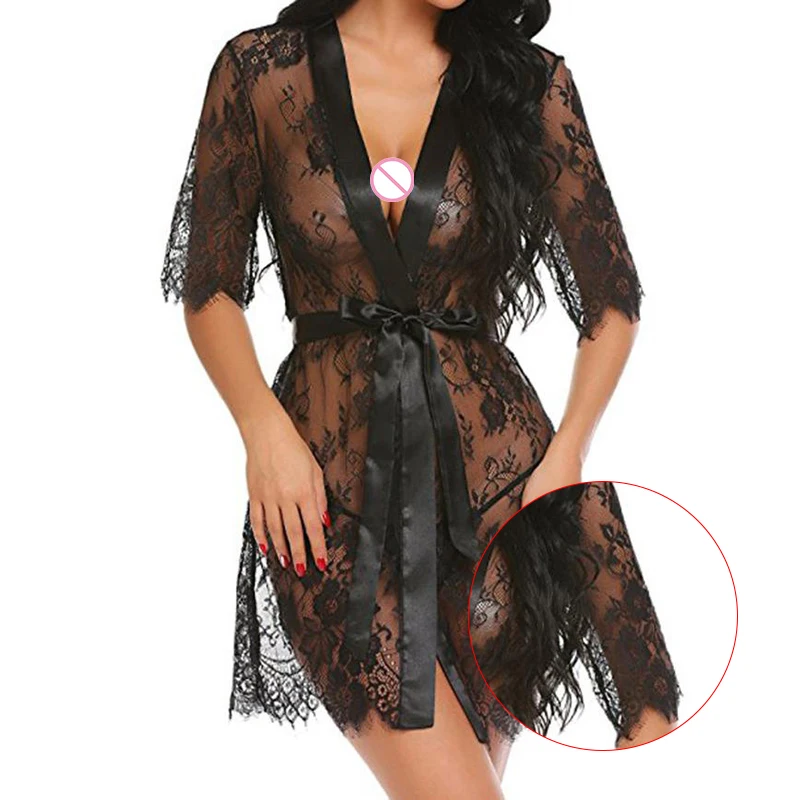 

Sexy Sleepwear Lace Women Lingerie Robe Eyelash Lace Babydoll Sheer Solid Nightwear Wholesale Hot
