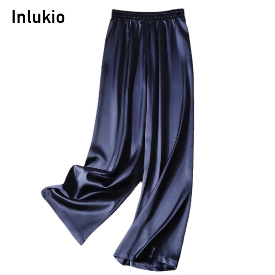 

Summer loose satin pants womens high waist elegant cool black trousers smooth breathable comfort pants ladies thin clothing S-L