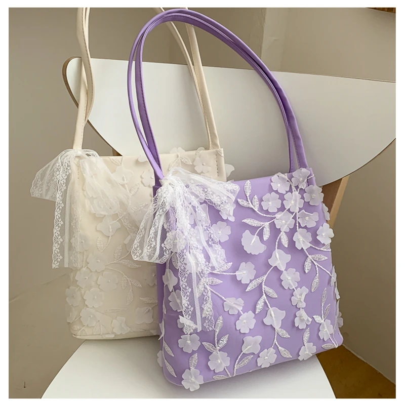 

White Applique Violet White Shoulder Bag Lace Bow Decorative Handbag 2021 New Trend