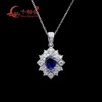 925 sterling silver luxury oval 7x9mm blue artifical sapphire with d vvs white moissanite pendant necklace set