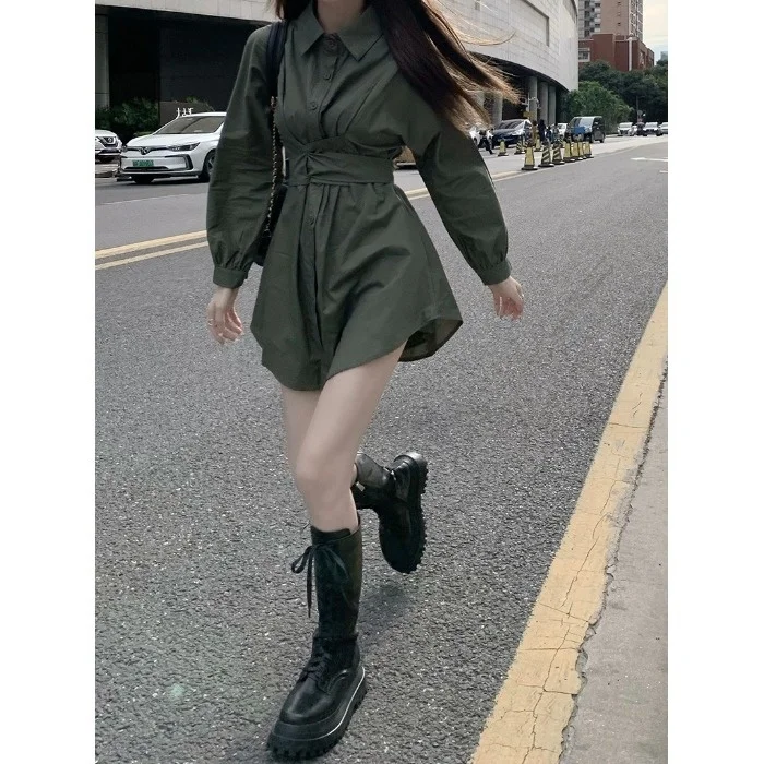 

2021autumn New Korean Style Anti-Aging Casual Fashion Set Women's Tied Dress Army Green & Shorts Set Two-Piece Set Rac
