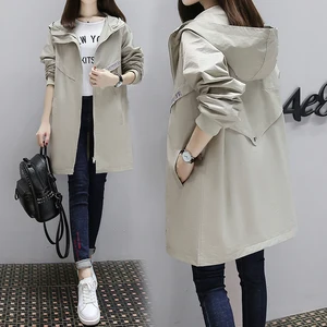 Плащ женский длинный с капюшоном, серого цвета, весна-осень, 2020