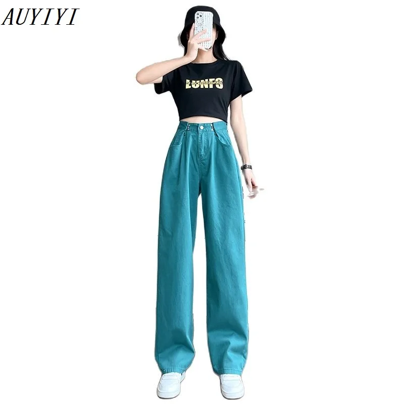 

Women's Straight Casual Loose 2021 Summer Fashion New High-Waisted Slimmer Wide-Legged Long Mopping Jeans Trend AUYIYI