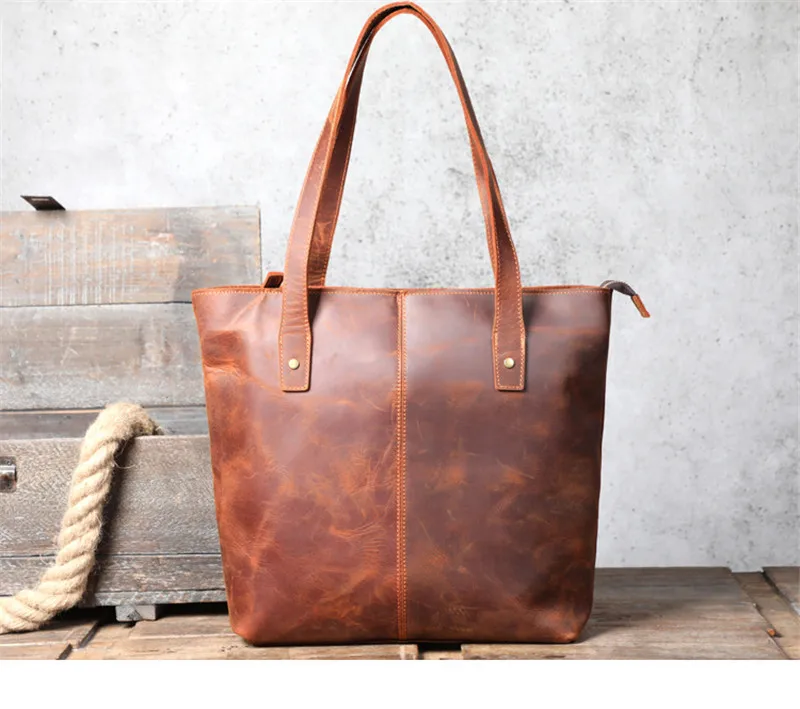 Simple Retro High-quality Natural Genuine Leather Unisex Tote Bag Casual Crazy Horse Cowhide Large-capacity Laptop Handbag