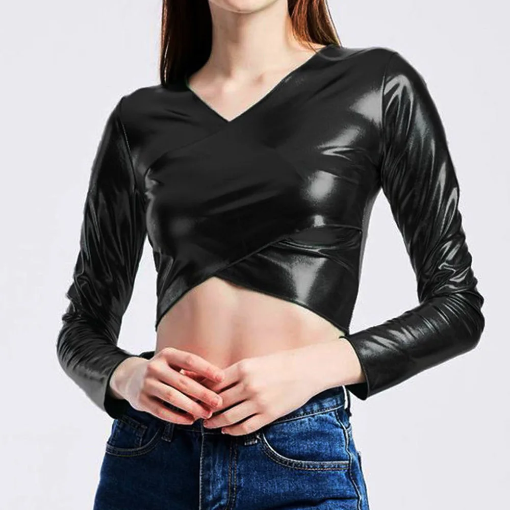 Сексуальный короткий топ с длинными рукавами для женщин блестящие металлические