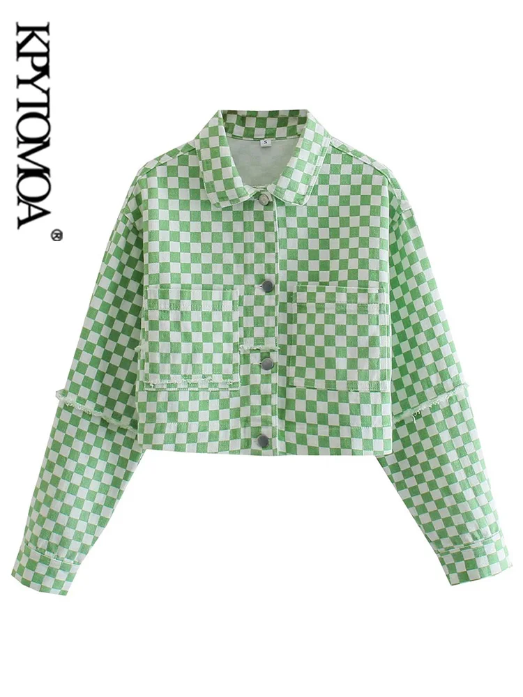 

KPYTOMOA Women Fashion Patch Pockets Check Cropped Denim Jacket Coat Vintage Long Sleeve Button-up Female Outerwear Chic Tops