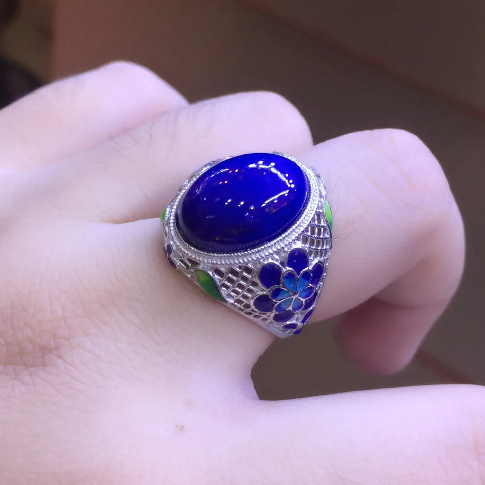 

S925 Sterling Silver Inlaid Pure Natural Afghan Lapis Lazuli Cloisonne Filigree Open Ring