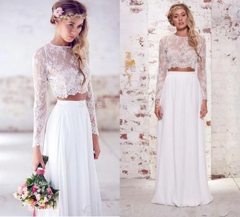 

2020 Two Pieces Crop Top Beach Bohemian Wedding Dresses Chiffon Ruched Floor Length Wedding Gowns Lace Long Sleeve Bridal Dress