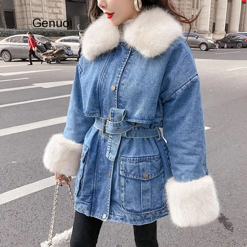 Парка из лисьего меха зимняя джинсовая ветровка куртка длинное пальто с