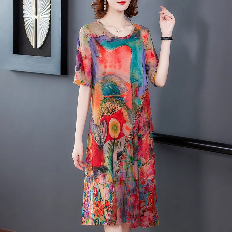 Женское повседневное шелковое платье длинное свободное праздничное с коротким