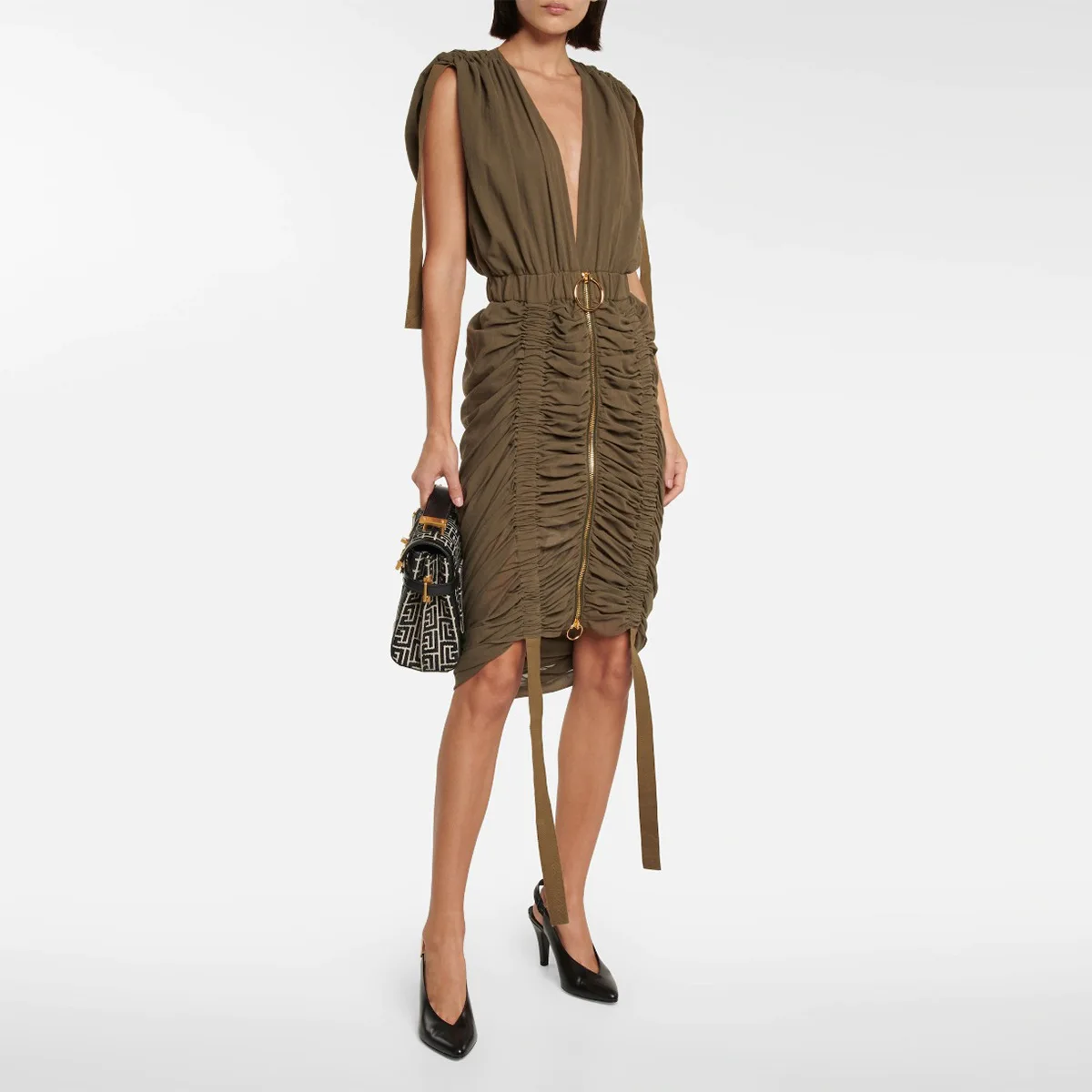 

Женское винтажное платье без рукавов, плиссированное платье на молнии с глубоким V-образным вырезом, поясом и запахом