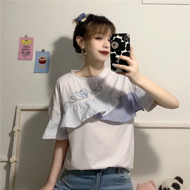 Женская футболка с коротким рукавом круглым вырезом и вышивкой букв в Корейском