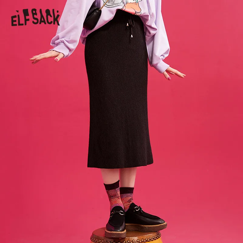 ELFSACK черная однотонная с разрезом завышенной талией вязаная юбка для женщин 2019