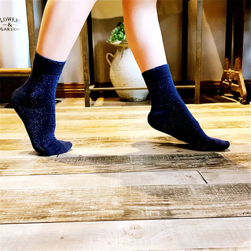 Glitter Gold Silver Lurex Ankle Socks for Women Metallic Cotton Socks Pink Socks Shining Crew Winter Sock 5 Pairs/Lot