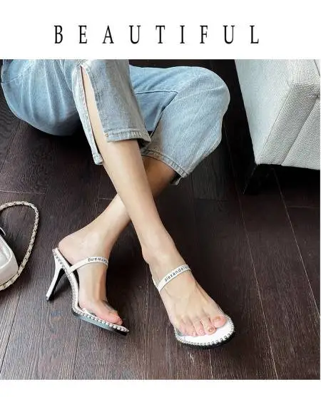 

Ladies Crystal Transparent Sandals Ladies High Heel Slippers Candy Color Open Toe Thick Heel Fashion Women Slippers Summer Shoes