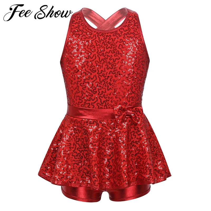 

Kids Sleeveless Sequined Dancewear Gymnastics Leotard Girls Ballet Figure Skating Dress Modern Rave Jazz Dance Costume