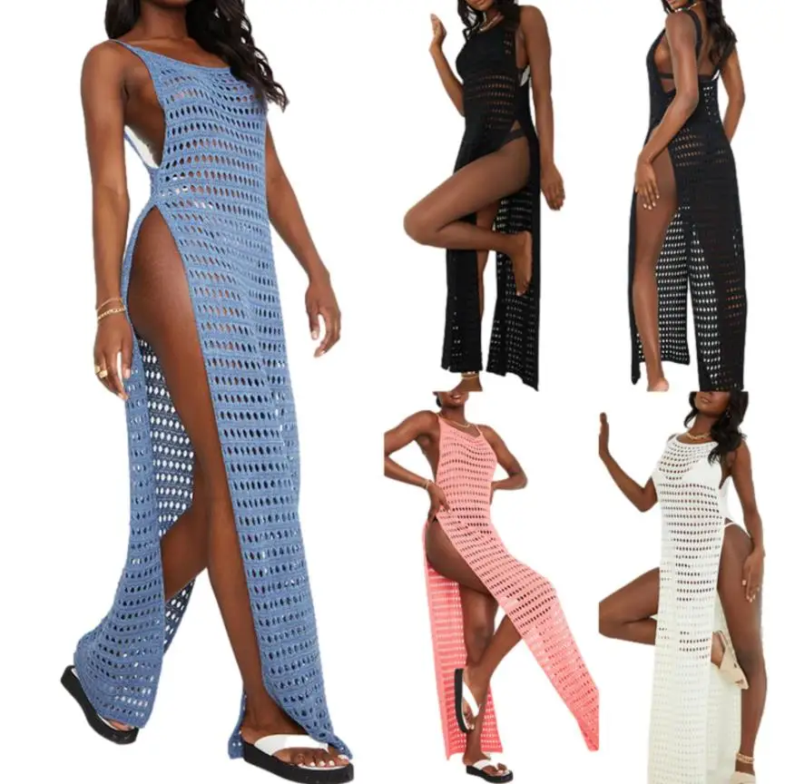 

Women's Hollow Out Long Dress Sleeveless Crochet High Split Swimsuit Cover Up Dress