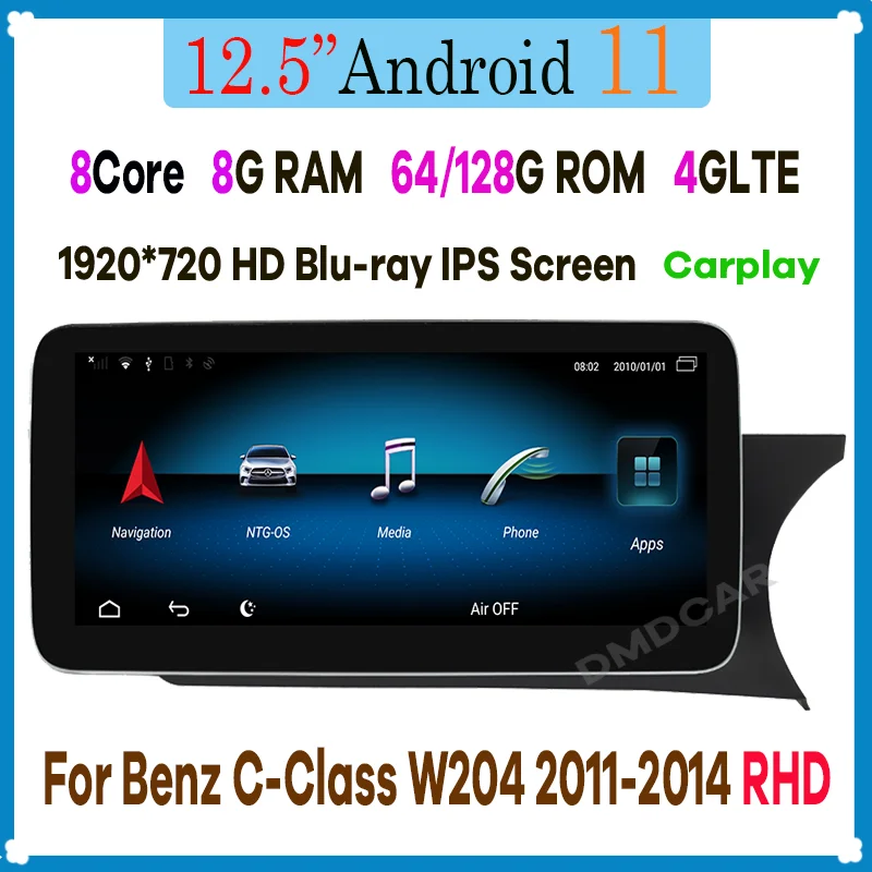 

12.5" 8 Core 8+128G Multimedia Player GPS Android 11 for Mercedes Benz C Class W204 2011-2014 RHD Cars Radio Stereo WiFi 4G LTE