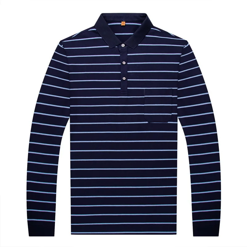 Мужская хлопковая рубашка поло в полоску с длинным рукавом и отложным