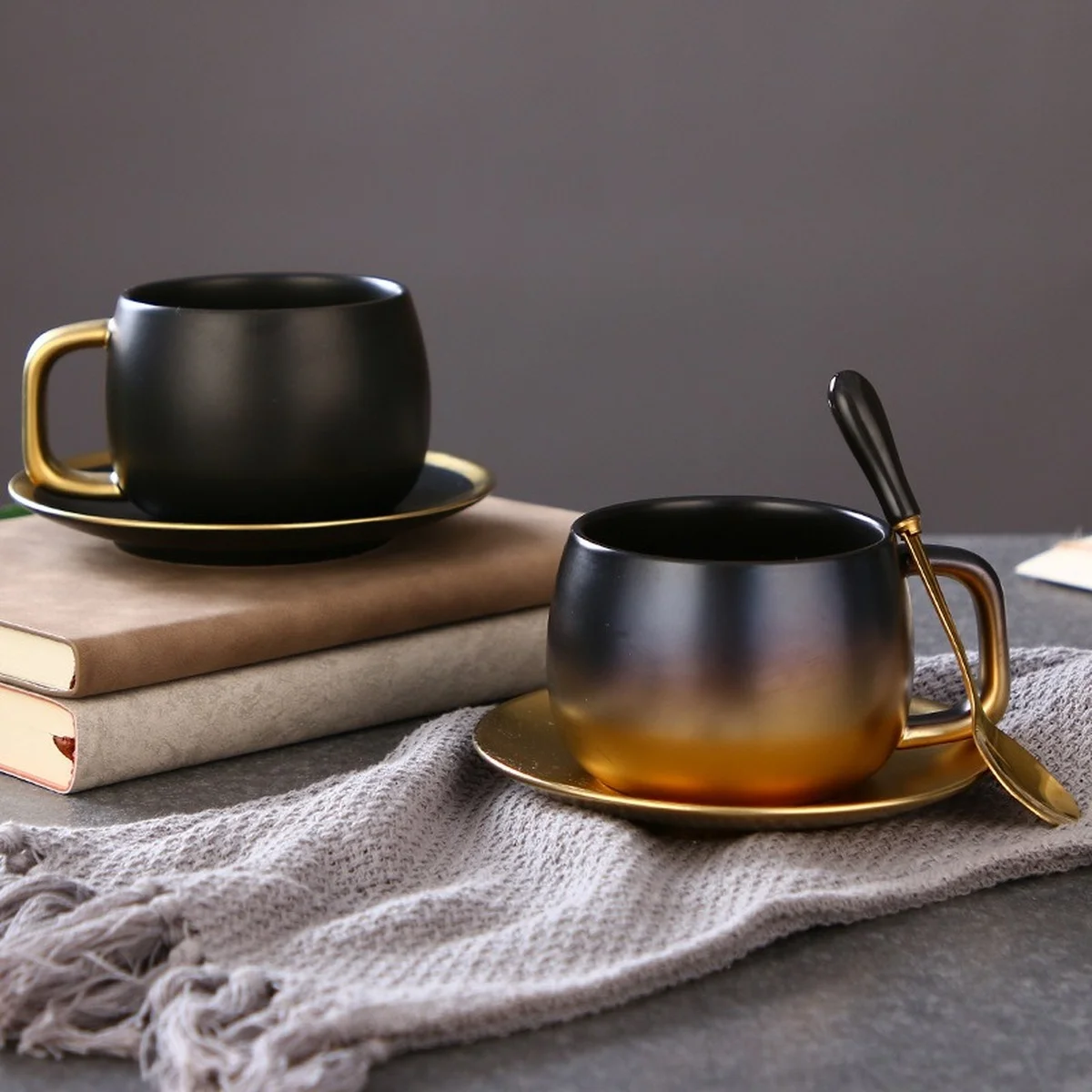 

Luxury Elegant Porcelain Cup With Saucer Spoon Matte Ceramic Gold Black Coffee Mug Simple Teacup Gift For Men Boss Friend Couple