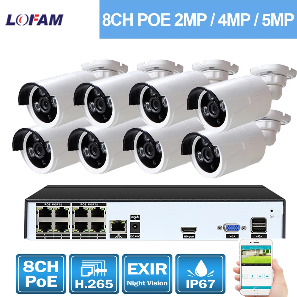 LOFAM 8CH POE NVR Kit HD CCTV Camera System 1080P 2.0MP 4.0MP 5.0MP наружная IP камера система видеонаблюдения