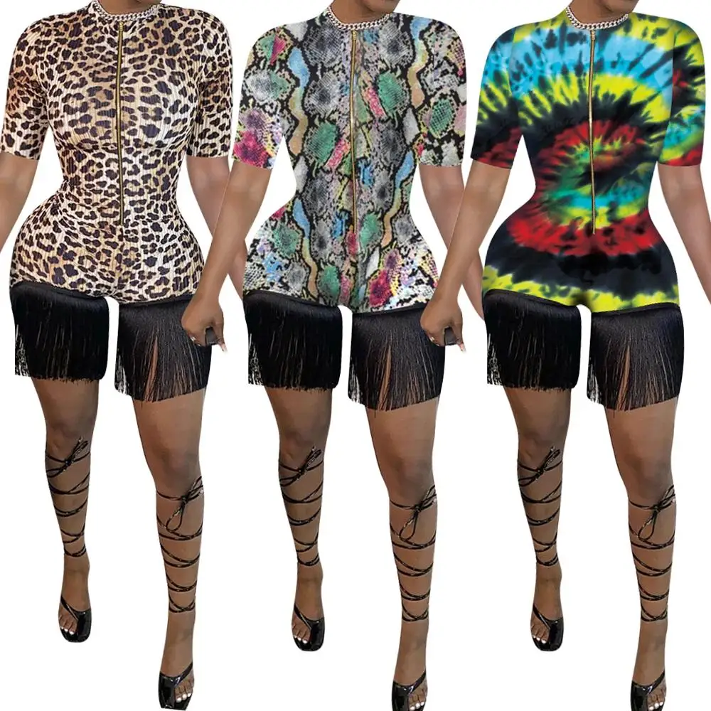 

New arrival vintage sexy women casual short jumpsuit snakeskin print front zip short sleeve skinng playsuit with tassel hem