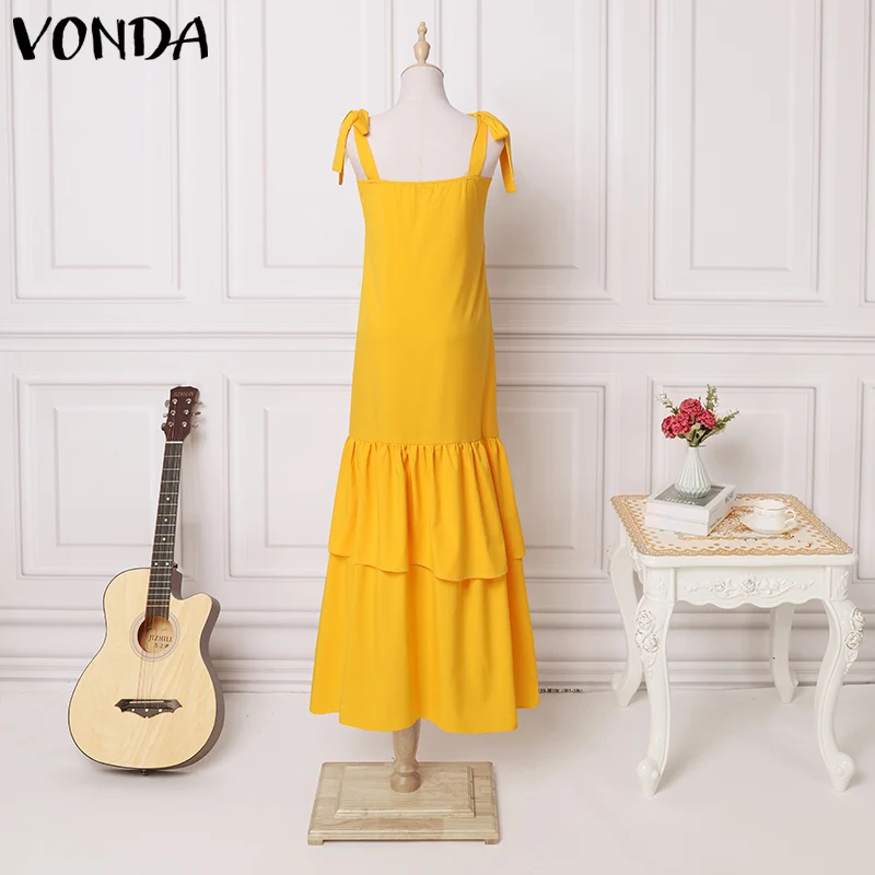 

Summer Maxi Dress Casual Ruffled Hem Baggy Dresses VONDA Women S-5XL Party Solid Sexy Sleeveless Long Maxi Robe Femme Vestidos