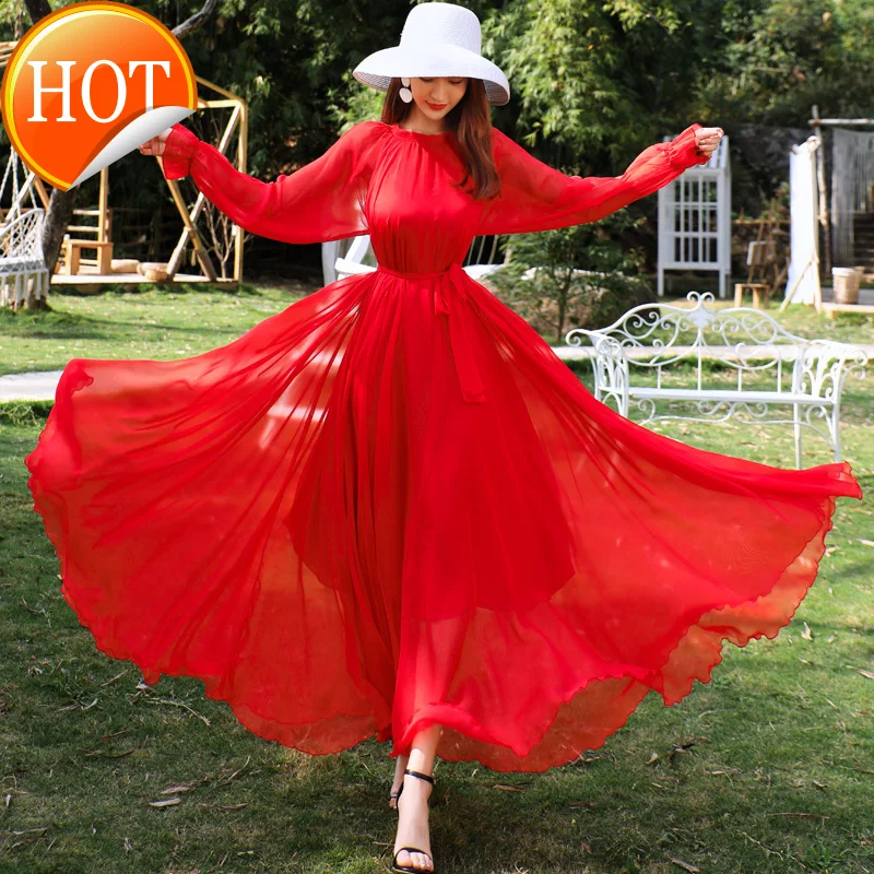 

Платье с рукавом в виде листьев лотоса, новинка для весны и осени, просторная Красная тонкая юбка-качели для поездок и отдыха на море