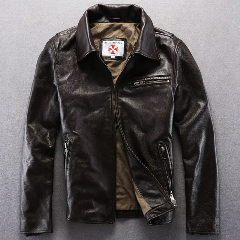 

Мужская кожаная куртка из натуральной кожи, коричневая однотонная ветровка из натуральной воловьей кожи с отложным воротником, повседневн...