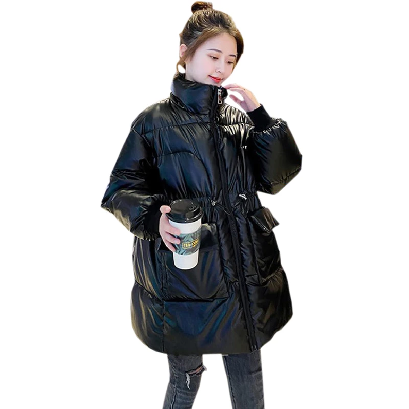 

2021 New Loose Casual Bright Down Jackets Women's Parkas Solid Warm Stand-up Collar Coats Winter Jacket Female Overcoat Bust 140